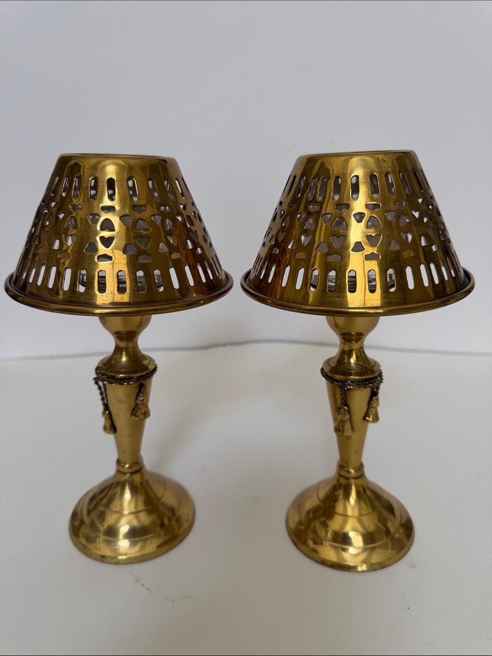 Ornate Pair of Brass Candle Lamps - Gold Finish